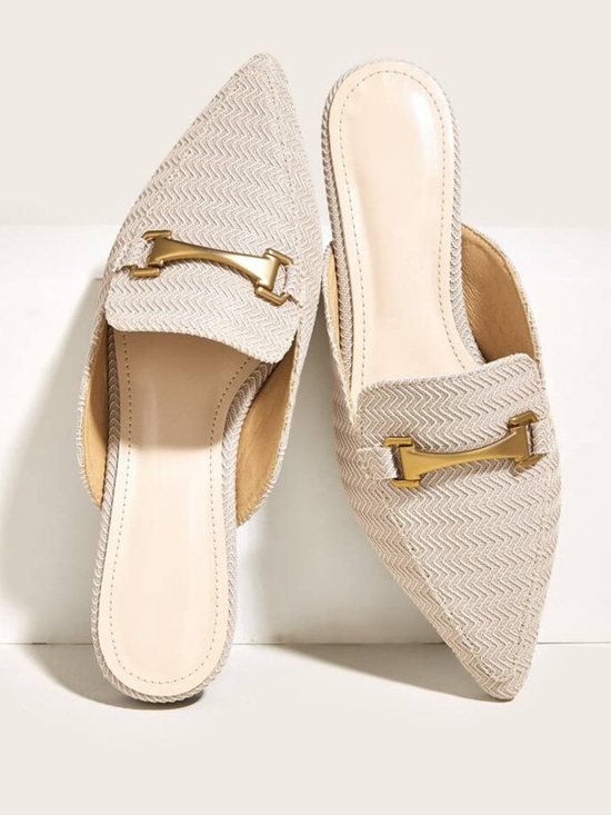Shoes - Beige Pointed Toe Mule Flats – Gold Detail Slip-On Loafer Shoes - 9.5